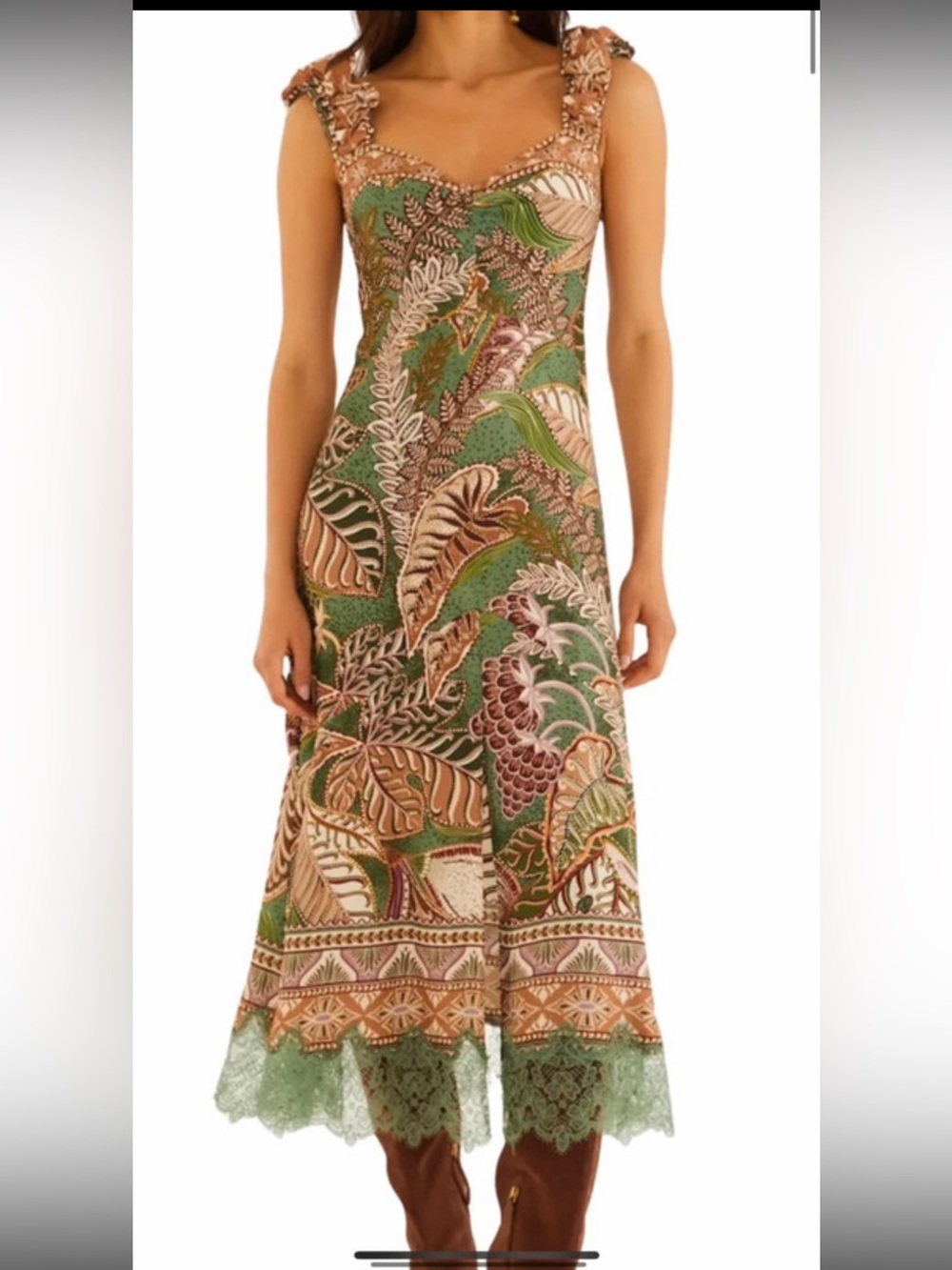 FARM Rio Green Botanical Lace-Trim Midi Dress with Earthy Print